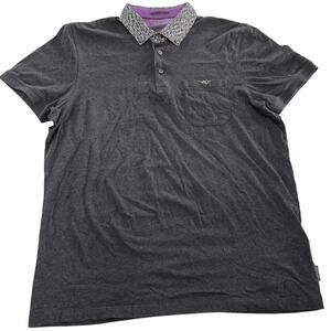 Ted Baker Polo Shirt Mens Large Gray Unser‎ Pattern Collar Pocket Casual Cotton